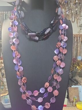 Multi-Strand Purple and Pink Shell Disc Necklace -